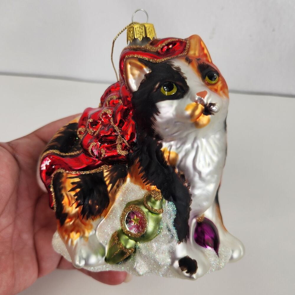 VTG Calico Kitty Cat Blown Glass Christmas Ornament Holiday Decor Collectible